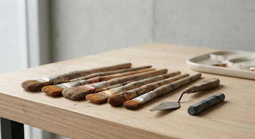 Artist brushes and tools arranged on a wooden workbench