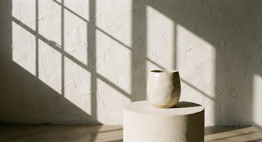 Light and shadow across a textured studio wall with a small ceramic piece on a pedestal
