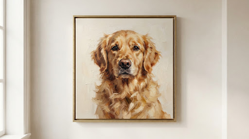 Acrylic painting of a Golden Retriever with expressive brushstrokes on a warm off-white background