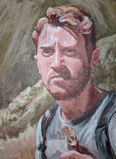 Expressive painted self-portrait of a man against a leafy background