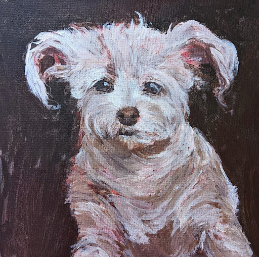 Painted portrait of a small white dog on a dark background