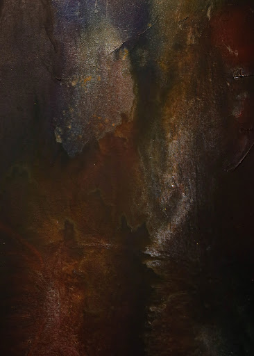 Dark atmospheric abstract painting in brown and amber tones