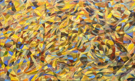 Wide abstract painting filled with layered yellow, blue, and orange marks