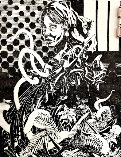 Black-and-white surreal illustration with densely layered figures