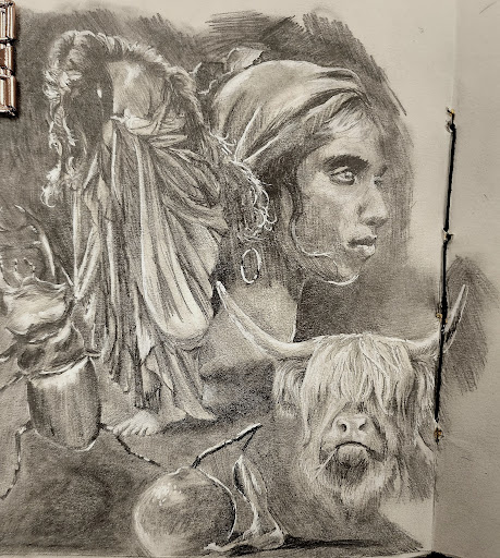 Graphite drawing of a woman beside a small dog