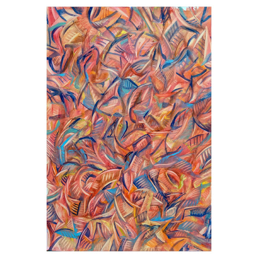Colorful abstract painting with interwoven coral, blue, and yellow strokes