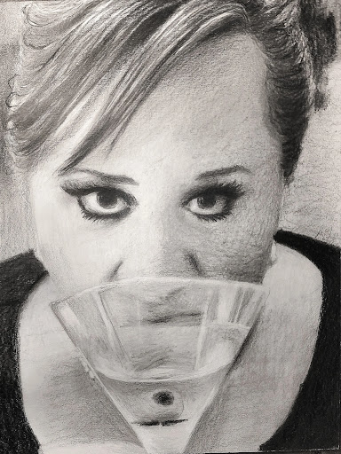 Graphite portrait of a woman holding fabric over her face