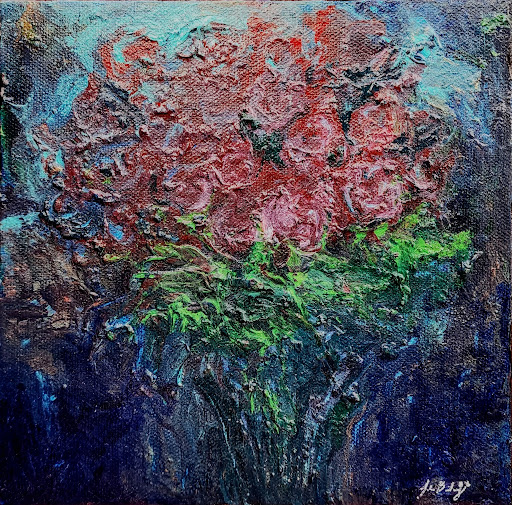 Textured abstract painting with red blossoms above deep blue and green layers