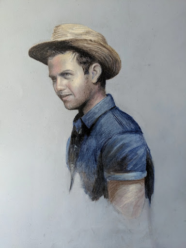 Painted portrait of a young man wearing a brimmed hat