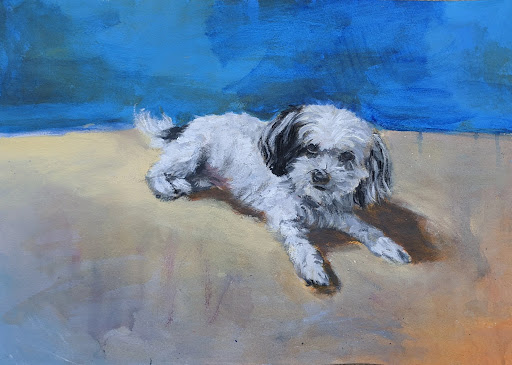 Painting of a white-and-black dog running across a blue and tan field