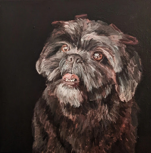 Painted portrait of a shaggy black dog looking upward