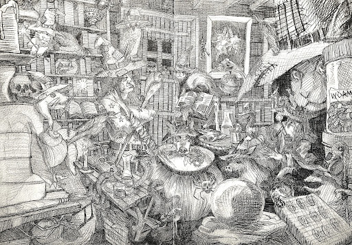 Detailed black-and-white illustration of a crowded interior scene