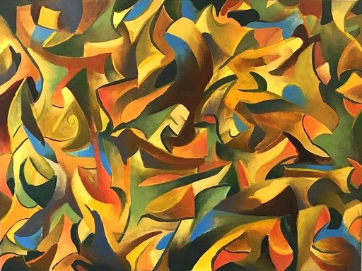 Abstract painting with sweeping green, gold, orange, and black shapes