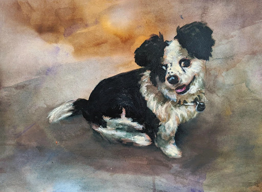 Watercolor-style portrait of a black-and-white dog lying down