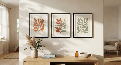 Three framed minimalist botanical prints in terracotta and sage on a neutral wall, the Botanical Triptych Series
