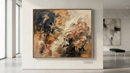 Abstract expressionist acrylic painting with impasto textures in ochre, charcoal, and cream, titled Ephemeral Horizons No. 12