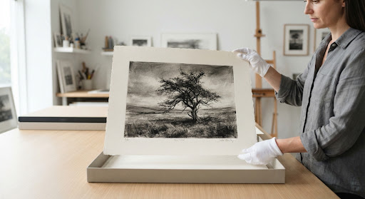 Limited edition charcoal print of a solitary tree, titled The Guardian