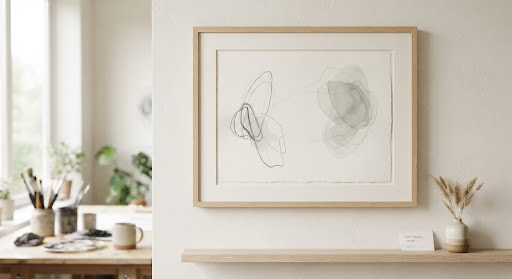 Minimalist fine art print with charcoal lines and grey watercolor washes, titled Linear Study III