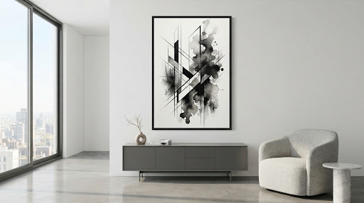 Vertical monochromatic abstract painting in blacks, greys, and whites, titled Structural Silence