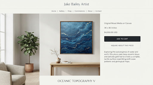 Square original painting in oceanic blues with gold leaf accents, titled Tidal Shift